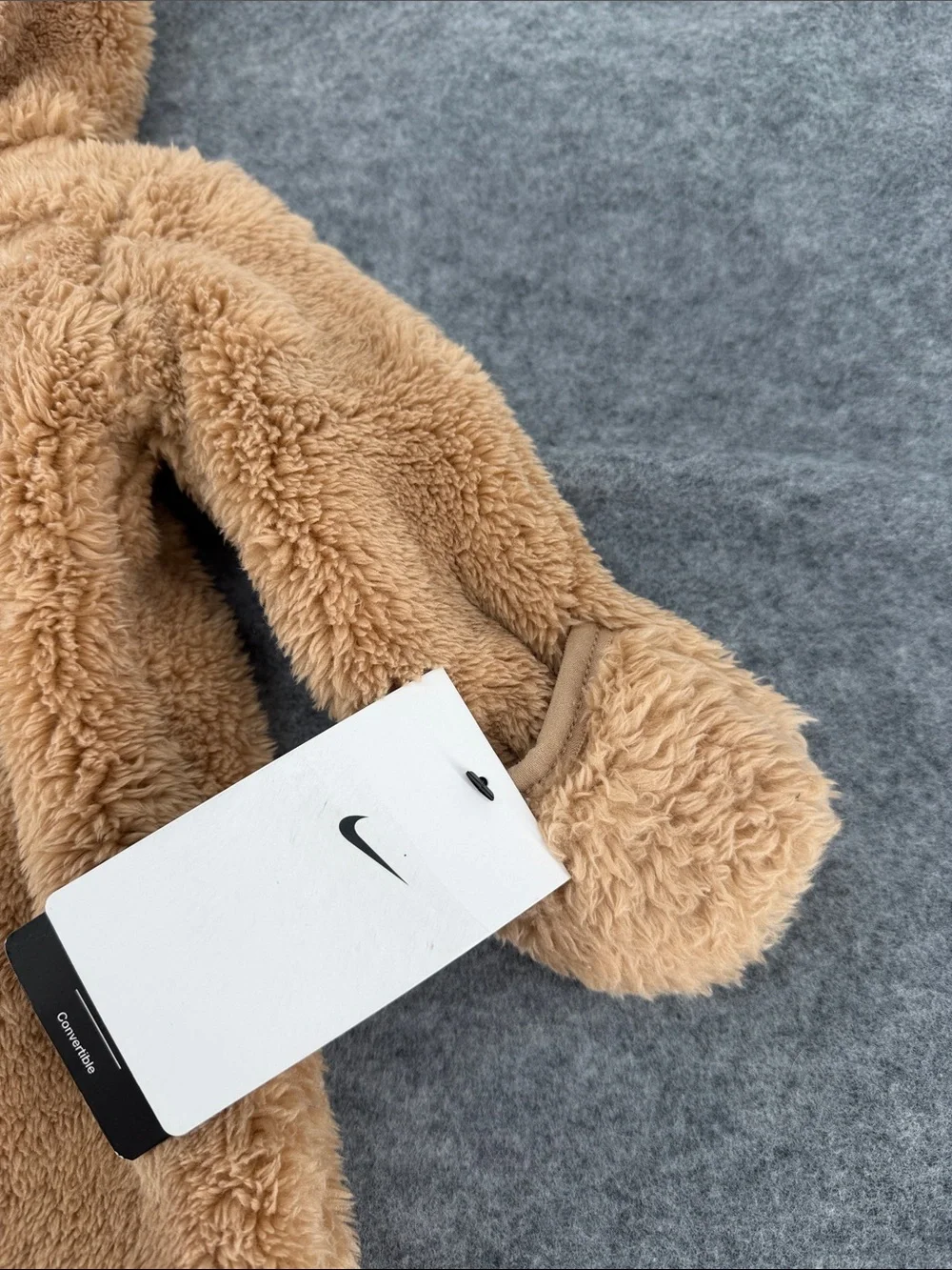 Nike convertible teddy bear Plush Hooded One-Piece in Tan full zip up